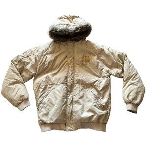 Vintage Rocawear Hooded Puffer Jacket Men’s Large Beige Y2K Hip Hop Streetwear